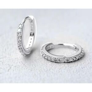 Sterling Silver Small Huggie‎ Hoop Earrings Cubic Zirconia Pave Minimalist 10 mm